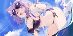 1girl absurdres ahoge alternate_costume animal_collar animal_ear_fluff animal_ears bent_over bikini black_bikini black_collar blue_sky breasts cat_ears cat_girl cat_tail cleavage collar commentary_request crossed_bangs day double-parted_bangs eyewear_on_head front-tie_bikini_top front-tie_top hair_between_eyes halterneck hand_up highres hololive jacket jknor large_breasts long_hair looking_at_viewer messy_hair navel nekomata_okayu onigirya_(nekomata_okayu) open_clothes open_jacket open_mouth outdoors purple_eyes purple_hair see-through_clothes see-through_jacket short_hair side-tie_bikini_bottom sky solo stomach string_bikini sunglasses swimsuit tail virtual_youtuber wading wet