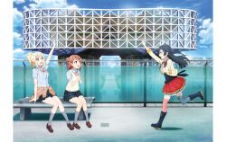 3girls absurdres arm_up artbook asymmetrical_legwear black_hair blonde_hair blue_shirt blunt_bangs boots bow bowtie braid braided_bun buttons cardigan clothes_around_waist collared_shirt dress_shirt grey_eyes hair_bun hair_ornament hairpin highres idol_clothes jacket jacket_around_waist long_hair love_live! love_live!_nijigasaki_high_school_idol_club medium_hair miyashita_ai multiple_girls neck_ribbon nijigasaki_school_uniform non-web_source official_art one_side_up orange_eyes pink_hair plaid_clothes plaid_skirt pleated_skirt ponytail ribbon school_uniform shirt short_ponytail short_sleeves sidelocks single_side_bun sitting skirt socks summer_uniform sweater_vest swept_bangs thighhighs uehara_ayumu vest white_shirt white_vest yellow_eyes yellow_jacket yuki_setsuna