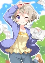 Rule 34 | 1girl, ;), arm up, blue jacket, blue pants, blush, bow, brown shoes, closed mouth, collarbone, commentary request, cowboy shot, drawing (object), grey hair, highres, holding, holding notebook, holding pencil, hoshikawa hotaru, jacket, long sleeves, looking at viewer, new game!, notebook, one eye closed, open clothes, open jacket, pants, pencil, purple eyes, ruu (tksymkw), shirt, shoes, short hair, smile, solo, suzukaze aoba, white bow, yellow shirt