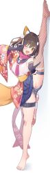 1girl ;d animal_ear_fluff animal_ears barefoot black_hair black_panties blue_archive blue_skirt blush commentary_request double_v eyeliner fang fishnet_thighhighs fishnets flexible floral_print fox_ears fox_girl fox_tail full_body hair_ornament hand_up happy highres izuna_(blue_archive) looking_at_viewer makeup miniskirt no_halo no_shoes one_eye_closed open_mouth outstretched_arm panties sailor_collar scarf school_uniform serafuku shirt short_hair simple_background single_bare_shoulder single_thighhigh skin_fang skirt smile solo split standing standing_on_one_leg standing_split syafa tail thigh_strap thighhighs toes underwear v white_background white_shirt yellow_eyes