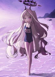 1girl :d absurdres bare_legs bare_shoulders barefoot black_halo black_horns blue_archive blue_one-piece_swimsuit blush cloud covered_navel demon_girl demon_horns forehead halo highres hina_(blue_archive) hina_(swimsuit)_(blue_archive) horizon horns jmeakat loli long_hair looking_at_viewer multiple_horns name_tag ocean official_alternate_costume old_school_swimsuit one-piece_swimsuit open_mouth outdoors parted_bangs purple_eyes school_swimsuit sky smile solo standing swimsuit teeth twilight upper_teeth_only very_long_hair water white_hair