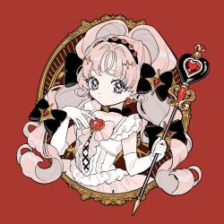 Rule 34 | 1girl, amaharu wasure, black hairband, blue eyes, closed mouth, dot mouth, dress, elbow gloves, gloves, hairband, highres, holding, holding wand, long hair, looking at viewer, original, pink hair, red background, simple background, solo, upper body, wand, white dress, white gloves