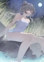 1girl absurdres alternate_hair_color bamboo blue_archive blurry blurry_background breasts commentary_request double-decker_hamburger_bun full_moon grey_eyes highres kisaki_(blue_archive) long_hair looking_at_viewer looking_down miku_rasha moon naked_towel night night_sky onsen outdoors sitting sky small_breasts solo steam thighs towel twintails water