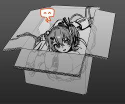 1girl a.i._voice adachi_rei android booklet box cable cardboard_box completely_nude disembodied_head fetal_position full_body gradient_background greyscale hair_ornament hairclip headlamp highres in_box in_container joints kirihi_ko looking_at_viewer lying monochrome nude on_side one_side_up radio_antenna ringed_eyes robot_girl robot_joints short_hair smile solo spoken_expression spot_color utau x-ray