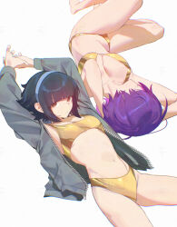 2girls alice_(raneblu) arms_up bikini blue_hair blunt_bangs breasts brown_eyes choppy_bangs chromatic_aberration cleavage freckles gold_bikini golden_week grey_jacket hairband highres jacket looking_at_viewer lying mara_(raneblu) medium_breasts multiple_girls navel on_back original parted_lips raneblu short_hair signature small_breasts stomach swimsuit unzipped watermark white_background zipper