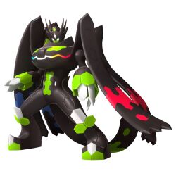 3d artist_request chest_mouth claws dragon full_body gen_6_pokemon glowing glowing_mouth hexagon highres legendary_pokemon monster multiple_wings nintendo no_humans no_pupils official_art pokemon pokemon_(creature) pokemon_legends:_z-a second-party_source simple_background standing tail white_background white_eyes wings zygarde zygarde_(complete)