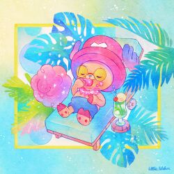 Rule 34 | 1boy, antlers, artist name, closed eyes, commentary, cotton candy, cross, eating, english commentary, food, hat, highres, horns, ice cream, ice cream float, little lilikoi, lying, male focus, one piece, palm leaf, pink hat, reindeer antlers, shorts, solo, tinted eyewear, tony tony chopper, yellow-tinted eyewear