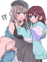 !? 2girls baseball_cap black_choker black_tank_top blue_eyes blue_jacket blue_nails blush carrying choker girls_band_cry grey_eyes grey_hair grey_hat grey_skirt hair_ornament hairclip hand_on_another&#039;s_shoulder hat iseri_nina jacket kawaragi_momoka long_hair looking_at_viewer multiple_girls open_mouth princess_carry red_hair shiono_(shio_caramel_no) shirt short_twintails simple_background skirt sweat tank_top twintails white_background white_shirt yuri