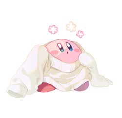 1boy :o blue_eyes blush_stickers bright_pupils full_body hoshikuzu_pan kirby kirby_(series) long_sleeves nintendo no_humans no_nose oversized_clothes oversized_sweater parted_lips simple_background solo standing sweater white_background white_pupils white_sweater