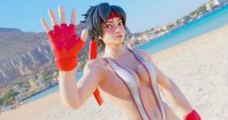3d absurdres beach bikini black_hair blender_(medium) breasts capcom highres kasugano_sakura looking_at_viewer small_breasts smile street_fighter street_fighter_v swimsuit waving