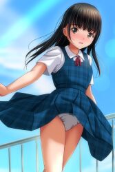 1girl black_hair blue_bow blue_dress blush bow bow_panties brown_eyes cloud dress lens_flare light_rays long_hair looking_at_viewer matsunaga_kouyou neck_ribbon open_mouth original panties plaid_clothes plaid_dress railing red_ribbon ribbon school_uniform shirt short_sleeves sky sleeveless sleeveless_dress smile standing sunbeam sunlight underwear white_panties white_shirt wind wind_lift