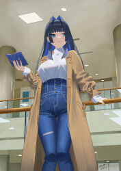 1girl absurdres against_railing blue_eyes blue_hair blue_pants blunt_bangs book breasts brown_coat coat dated denim dscreation_(alan_dwi29) earclip hair_intakes high-waist_pants highres holding holding_book hololive hololive_english indoors jeans large_breasts long_hair looking_to_the_side ouro_kronii ouro_kronii_(casual) pants railing shirt shirt_tucked_in signature solo thigh_gap torn_clothes torn_jeans torn_pants trench_coat turtleneck turtleneck_shirt virtual_youtuber white_shirt