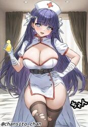 1girl belt black_belt black_thighhighs blue_eyes blunt_bangs breasts cross dress earrings fate/grand_order fate_(series) gloves hat holding holding_sponge indoors jewelry kairikazu large_breasts long_hair looking_at_viewer martha_(fate) nurse nurse_cap open_mouth purple_hair red_cross short_sleeves solo sponge standing thighhighs torn_clothes torn_thighhighs very_long_hair white_dress white_gloves