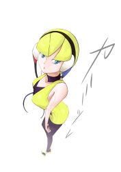 1girl bare_arms black_choker blonde_hair blue_eyes blunt_bangs breasts choker collarbone dress elesa_(pokemon) from_above headphones high_heels highres low_neckline medium_breasts nintendo pantyhose parted_lips pokemon pokemon_bw shoes short_dress short_hair sleeveless sleeveless_dress solo tomnamiheeei8ch white_background yellow_dress yellow_shoes