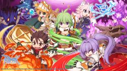 1boy 4girls ahoge antenna_hair armor black_gloves blue_eyes blue_shirt breasts brown_eyes brown_jacket brown_shorts cape cleavage closed_mouth coat copyright_notice cowboy_shot creature crop_top cross dragon_knight_(ragnarok_online) fire fur-trimmed_shorts fur-trimmed_sleeves fur_trim gauntlets gloves green_eyes green_hair grey_cape hair_intakes high_ponytail highres imperial_guard_(ragnarok_online) inquisitor_(ragnarok_online) jacket logo long_hair medium_breasts midriff multiple_girls navel nightmare_(ragnarok_online) official_art official_wallpaper open_mouth pauldrons pink_hair ponytail purple_coat purple_eyes purple_fire ragnarok_online red_cape shinkiro_(ragnarok_online) shirt short_hair shorts shoulder_armor shrug_(clothing) smile v-shaped_eyebrows vambraces willow_(ragnarok_online) wind_hawk_(ragnarok_online) witch yuichirou