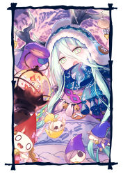 1girl antlers beanie bird blue_hat blue_scarf blush breasts fate/grand_order fate_(series) fire green_eyes green_hair hair_between_eyes hat highres horns lamp long_hair long_sleeves looking_at_viewer louhi_(fate) louhi_(second_ascension)_(fate) mittens open_mouth purple_mittens scarf small_breasts somemiya_suzume sweater tonttu_(fate) white_sweater