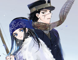 Rule 34 | 1boy, 1girl, absurdres, ainu, ainu clothes, asirpa, bandana, black hair, blue eyes, bow (weapon), earrings, facial scar, golden kamuy, hat, headband, helen (helen2210hk), highres, hoop earrings, jewelry, kepi, long hair, looking at viewer, male focus, military hat, scar, scar on cheek, scar on face, scar on nose, scarf, short hair, sideburns, simple background, sugimoto saichi, weapon
