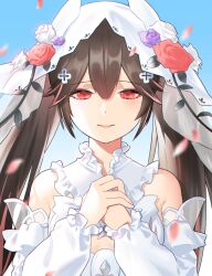 1girl bare_shoulders black_hair bridal_veil buchi_(tei_fujou) cross_hair_ornament flower hair_flower hair_ornament long_sleeves looking_at_viewer lucia:_pyroath_(wedding_dress)_(pgr) punishing:_gray_raven purple_flower purple_rose red_flower red_rose rose solo twintails veil white_flower white_rose white_veil