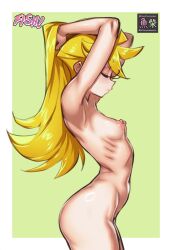 1girl ass blonde_hair border breasts closed_eyes completely_nude cowboy_shot highres long_hair nipples nude out_of_frame outside_border panty_&amp;_stocking_with_garterbelt panty_(psg) profile shibayamamohu small_breasts solo thighs white_border