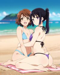 2girls :d ass back beach beach_towel black_hair blue_sky blurry blurry_background breasts brown_hair closed_mouth cloud day flat_chest hibike!_euphonium high_ponytail highres kousaka_reina long_hair medium_breasts multiple_girls open_mouth oumae_kumiko outdoors ponytail purple_eyes sbel02 short_hair sky smile solo strap_gap towel