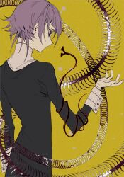 1other androgynous aynm010330 back bone colored_sclera commentary crona_(soul_eater) hand_up hashtag-only_commentary looking_at_creature other_focus pink_hair short_hair sleeve_cuffs solo soul_eater white_sleeve_cuffs yellow_background