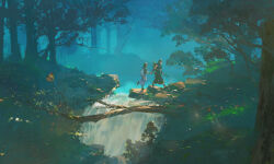 1boy 1girl bare_shoulders basket black_hair black_pants black_shirt blue_vest boots bracer branch brown_footwear bug butterfly chinese_commentary closed_mouth commentary_request day dress earrings forest grass hair_over_shoulder holding holding_branch holding_hands hoop_earrings ibuki_satsuki insect jewelry light_particles long_dress long_hair looking_ahead midriff moss nature original outdoors pants plant puffy_pants river rock scenery shadow shirt sleeveless sleeveless_shirt smile straight_hair striped_clothes striped_dress sunlight vertical-striped_clothes vertical-striped_dress vest walking water waterfall white_butterfly white_dress wide_shot wide_sleeves