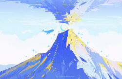 ambiguous_gender animal artist_name blue_sky cloud crescent_moon day fish huhv. moon mountain no_humans original outdoors scenery sky sparkle surreal whale