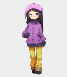 Rule 34 | 1girl, beret, black gloves, black hair, black shoes, coat, full body, gloves, grey background, hat, long hair, neamosub, pants, purple coat, purple eyes, shoes, simple background, solo, south park, standing, wendy testaburger, winter clothes, winter coat, yellow pants