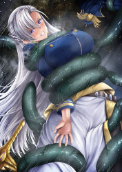 Rule 34 | 1girl, angry, aurelia le guin, blue eyes, blush, breasts, clenched teeth, earrings, eiyuu densetsu, hair between eyes, highres, jewelry, kagura yuuto, large breasts, long hair, parted bangs, restrained, sen no kiseki, sen no kiseki (series), sen no kiseki iii, sideburns, slime (substance), teeth, tentacles, tentacles under clothes, white hair