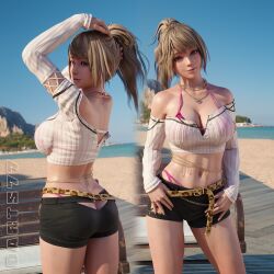 Rule 34 | 1girl, 3d, ass, bare shoulders, beach, bench, bikini, blonde hair, breasts, brown eyes, chain, darts77, dead or alive, dead or alive xtreme, dead or alive xtreme venus vacation, from below, gold necklace, gyaru, highres, jewelry, large breasts, looking at viewer, looking back, multiple views, navel, necklace, smile, solo, standing, swimsuit, yukino (doa)