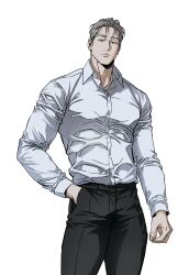1boy absurdres black_pants chngtj closed_mouth collarbone collared_shirt commentary grey_eyes grey_hair hand_in_pocket highres looking_at_viewer male_focus open_collar original pants shirt short_hair sideburns simple_background solo standing white_background white_shirt wing_collar