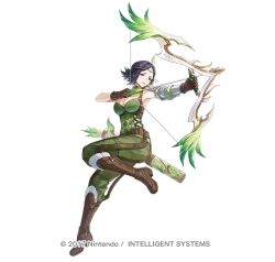 1girl aiming arm_armor bare_shoulders black_hair blue_eyes boots bow_(weapon) brown_boots brown_gloves character_request commentary_request copyright_notice fire_emblem fire_emblem_heroes full_body furrowed_brow gloves green_pants green_shirt holding holding_bow_(weapon) holding_weapon kyusoukyu nintendo noire_(fire_emblem) official_art open_mouth pants shirt short_hair simple_background sleeveless sleeveless_shirt solo standing standing_on_one_leg weapon white_background