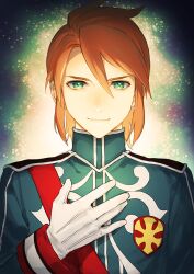 1boy closed_mouth commentary_request green_eyes hair_between_eyes isa_(peien516) jacket long_sleeves luke_fon_fabre male_focus military_jacket orange_hair parted_hair red_sash sash smile solo straight-on tales_of_(series) tales_of_the_abyss upper_body