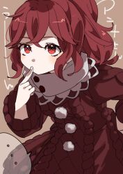 1girl anna_(fire_emblem) commentary_request finger_to_face fire_emblem fire_emblem_engage high_ponytail highres illust_mi looking_at_viewer nintendo ponytail red_eyes red_hair solo translation_request