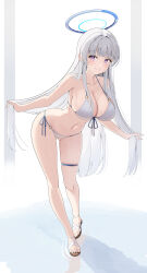 Rule 34 | 1girl, absurdres, alternate costume, bare shoulders, bikini, blue archive, blush, breasts, cleavage, closed mouth, full body, halo, highres, large breasts, leaning forward, long hair, looking at viewer, navel, noa (blue archive), purple eyes, side-tie bikini bottom, skindentation, smile, sob (submar1089), standing, stomach, swimsuit, thigh strap, thighs, toes, white background, white bikini, white hair