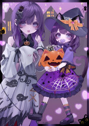 +_+ 2girls absurdres aegyo_sal aged_down animal_ears animal_print asahina_mafuyu asymmetrical_legwear bare_shoulders black_border black_hat black_shirt black_shoes black_socks border bow bow_legwear bowtie bucket bug candy cat_ears cat_tail collared_shirt commentary cowboy_shot cross-laced_slit dress fake_animal_ears fingernails food frilled_skirt frilled_sleeves frilled_wrist_cuffs frills full_body ghost_print hair_between_eyes hair_down hair_over_shoulder halloween halloween_bucket hat hat_bow heart highres holding holding_bucket jishou_210 kneehighs long_hair long_sleeves looking_at_viewer medium_hair multiple_girls off-shoulder_dress off_shoulder orange_bow outside_border pacifier project_sekai purple_bow purple_bowtie purple_eyes purple_hair purple_tail shirt shoes short_sleeves simple_background skirt sleeve_bow sleeveless sleeveless_shirt sleeves_past_wrists socks sparkle spider spider_print spider_web_print star_(symbol) star_print tail time_paradox tongue tongue_out torn_clothes torn_dress white_dress wide_sleeves witch_hat wrist_cuffs