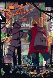 2boys black_cat black_hair black_jacket black_pants black_shoes blonde_hair brown_hair building cat cityscape coat copyright_name cross_punisher full_body highres jacket lantern male_focus mi_asupara26_k multicolored_hair multiple_boys nicholas_d._wolfwood pants prosthesis prosthetic_arm red_coat shoes side-by-side socks suit_jacket trigun trigun_stampede two-sided_coat two-sided_fabric two-tone_hair unzipped vash_the_stampede white_bag white_socks