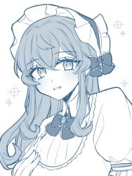 Rule 34 | 1girl, alternate costume, blue theme, bow, commentary request, eyelashes, gotland (kancolle), hair between eyes, hairband, hand on own chest, highres, kantai collection, lolita fashion, lolita hairband, long hair, looking at viewer, mole, mole under eye, monochrome, nagi kantai114, parted lips, simple background, solo, sparkle, upper body