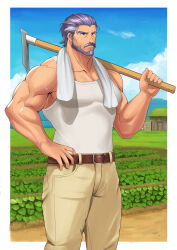 1boy bara beard belt commentary_request day duessel_(fire_emblem) facial_hair fire_emblem fire_emblem:_the_sacred_stones grey_hair hair_slicked_back highres hoe holding_hoe male_focus menonn141 multicolored_hair muscular muscular_male mustache nintendo outdoors over_shoulder pants pectoral_cleavage pectorals short_hair sky solo streaked_hair sweat tank_top towel towel_around_neck two-tone_hair white_tank_top