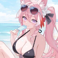 1girl :t animal_ear_fluff animal_ears bare_arms bare_shoulders bikini black_bikini bow braid breasts cleavage closed_mouth commentary_request commission dripping eyewear_on_head food fox_ears front-tie_bikini_top front-tie_top hair_bow halterneck hand_up highres holding holding_food holding_popsicle indie_virtual_youtuber knee_up large_breasts long_hair looking_at_viewer multicolored_hair n_54 pink_hair ponytail popsicle purple_eyes rena_fenrir skeb_commission smile solo streaked_hair string_bikini sunglasses swimsuit upper_body virtual_youtuber