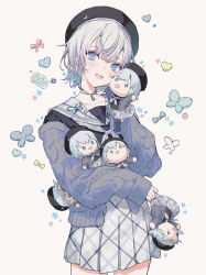1girl :d beret black_serafuku blue_cardigan blue_eyes blush cardigan commentary cowboy_shot grey_hair grey_skirt hand_up hat highres indie_virtual_youtuber looking_at_viewer open_cardigan open_clothes open_mouth school_uniform serafuku shizuku_lulu skirt sleeves_past_wrists smile solo symbol-only_commentary virtual_youtuber yutsumoe