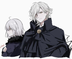 1boy 1girl ahoge black_cloak cloak commentary_request cropped_torso edmond_dantes_(fate) fate/grand_order fate_(series) from_side fur_trim grey_hair hair_over_one_eye jeanne_d&#039;arc_alter_(avenger)_(fate) jeanne_d&#039;arc_alter_(fate) jeanne_d&#039;arc_alter_(ver._shinjuku_1999)_(fate) looking_ahead looking_at_viewer medium_hair official_alternate_costume signature simple_background sumi_(gfgf_045) white_background yellow_eyes