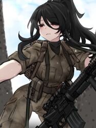 1girl absurdres acog assault_rifle backpack bag bandit-chan_(k0ng) black_hair brown_bag brown_jacket brown_pants camouflage camouflage_jacket camouflage_pants closed_mouth commentary cowboy_shot english_commentary gun highres jacket k0ng long_hair m16 m16a4 messy_hair original pants ponytail pouch red_eyes rifle scope sleeves_rolled_up solo sweat weapon