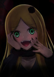 Rule 34 | 1girl, black dress, black neckwear, blonde hair, demon girl, dress, fur collar, green eyes, hand on own cheek, hand on own face, highres, long hair, overlord (maruyama), renner theiere chardelon ryle vaiself, sharp nails, smile, very long hair, yandere