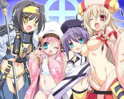 4girls aqua_eyes bad_id bad_pixiv_id black_hair blonde_hair braid breasts crop_top eeeeee groin large_breasts long_hair medium_breasts midriff multiple_girls navel panties pink_hair polearm purple_hair red_eyes sengoku_hime sengoku_hime_2 shimazu_iehisa_(sengoku_hime) shimazu_toshihisa_(sengoku_hime) shimazu_yoshihiro_(sengoku_hime) shimazu_yoshihisa_(sengoku_hime) shiny_skin short_hair underboob underwear weapon yellow_eyes