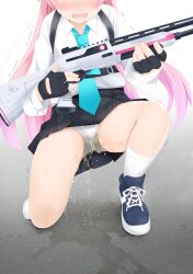 1girl absurdres black_gloves blue_archive blush commentary_request dress fingerless_gloves gloves gokiburi_no_dashi gun highres holding holding_gun holding_weapon hoshino_(blue_archive) long_hair long_sleeves nose_blush on_one_knee open_mouth panties partially_fingerless_gloves pee peeing peeing_self pink_hair pussy_juice rifle shirt skirt socks solo squatting trembling underwear very_long_hair wavy_mouth weapon white_panties white_shirt