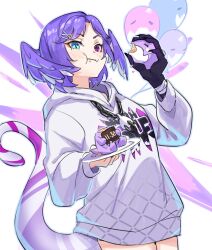 Rule 34 | 1girl, :t, asymmetrical arms, blue eyes, closed mouth, dragoon (selen tatsuki), eating, food, head wings, heterochromia, highres, holding, holding plate, hood, hood down, hoodie, long sleeves, looking at viewer, maplesights, medium hair, nijisanji, nijisanji en, plate, purple eyes, purple hair, selen tatsuki, selen tatsuki (3rd costume), slit pupils, solo, tail, virtual youtuber, white background, white hoodie, wings