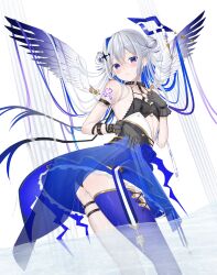 1girl amane_kanata amane_kanata_(another_world) angel angel_wings arm_strap ass black_gloves black_tube_top blue_hair blue_panties blue_skirt blush breasts closed_mouth gloves grey_hair hair_intakes halo heart heart_tattoo highres hololive long_hair looking_at_viewer official_alternate_costume panties purple_eyes shoulder_tattoo skirt small_breasts smile solo star_halo strapless tattoo thigh_strap tojo_aoi tube_top underwear very_long_hair virtual_youtuber wings