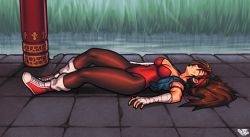 1girl absurdres armband bandaged_arm bandages breakers breakers_revenge brown_hair bruise denim denim_jacket headband highres injury jacket leg_warmers leggings legs leotard pantyhose shoes sneakers snk thick_thighs thighs tia_langray unconscious