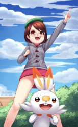 10s 1girl 2019 aged_down animal animal_ears bandaid batazungharn beret breasts brown_eyes brown_hair cloud convenient_censoring convenient_head dated eyebrows from_below gen_8_pokemon gloria_(pokemon) green_headwear hat highres matching_hair/eyes miniskirt nintendo no_panties open_mouth orange_eyes outdoors pointing pokemon pokemon_(creature) pokemon_swsh rabbit scorbunny shirt short_hair skirt sky small_breasts sweater tam_o&#039;_shanter teeth